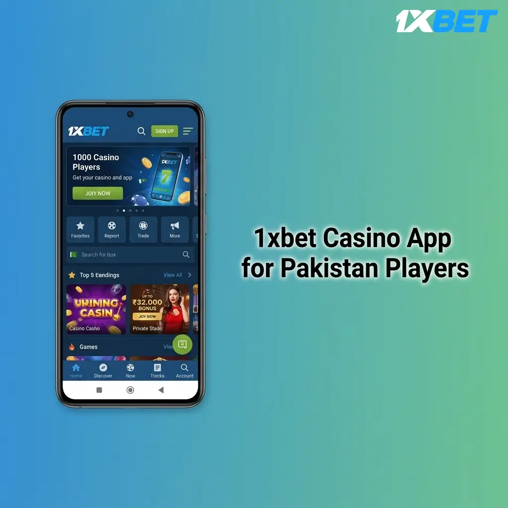 1xbet casino mobile app interface showing slots, live dealer, and crash games for Pakistan players on Android and iOS