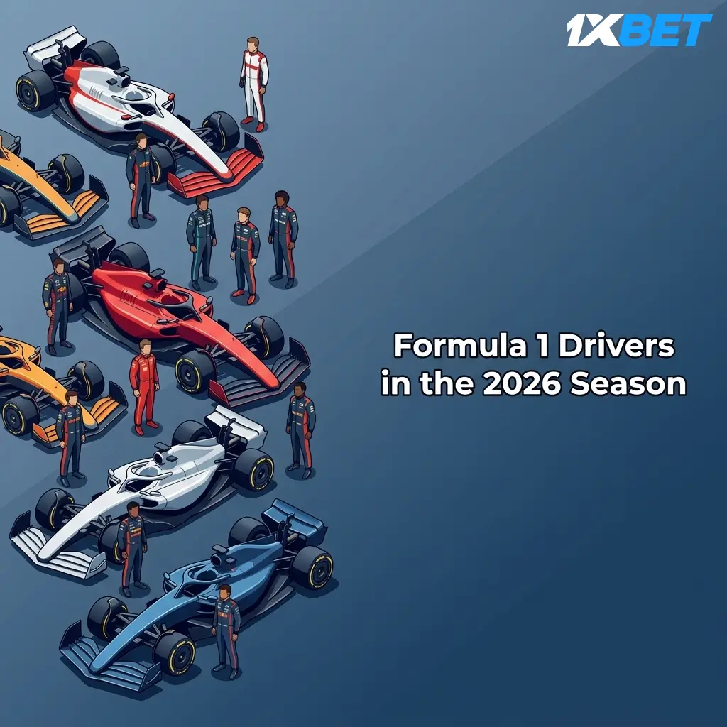 2026 Formula 1 driver lineup with championship odds for all 20 drivers across 10 constructors on 1xbet F1 markets