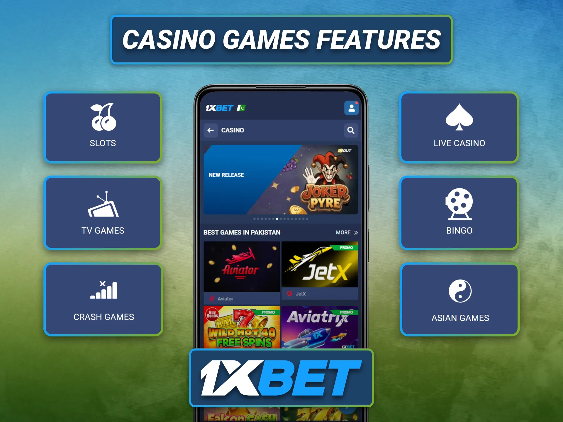Explore casino games using the 1xbet Android application in Pakistan.