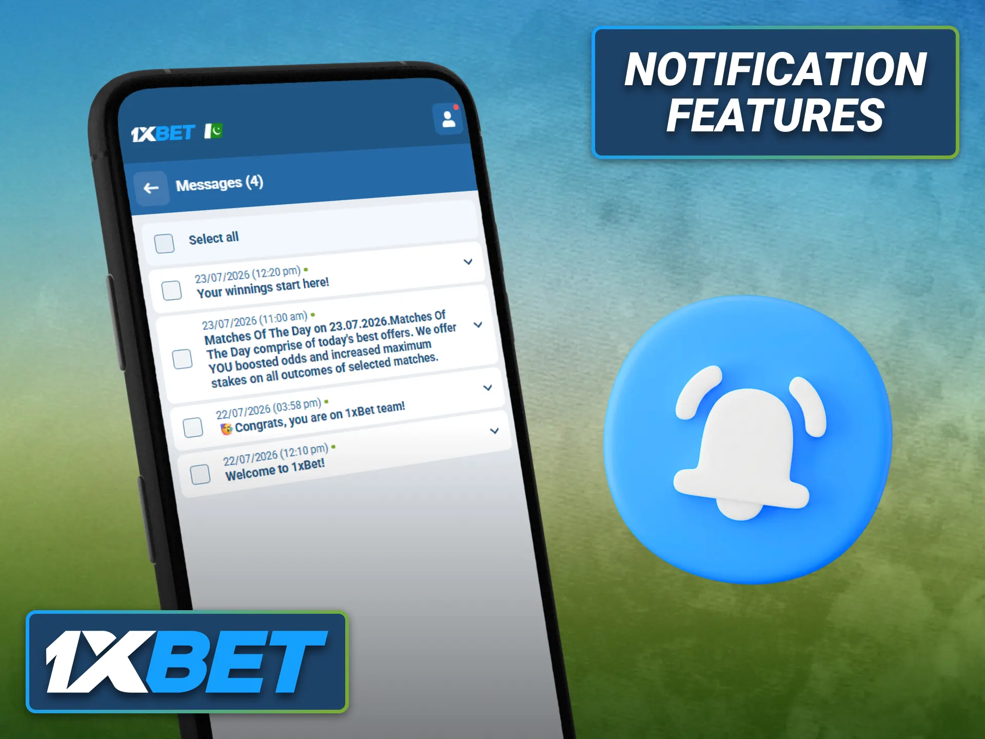 Receive important alerts through the 1xbet Android application notifications.