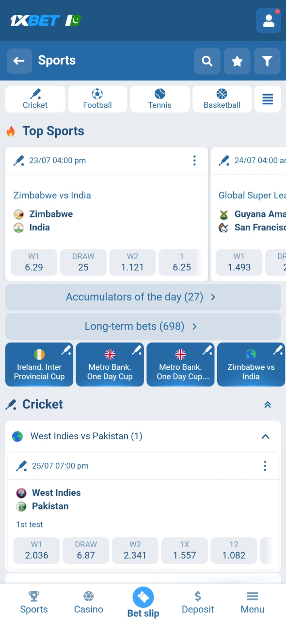 Select a sport or event inside the 1xbet mobile app to begin betting.