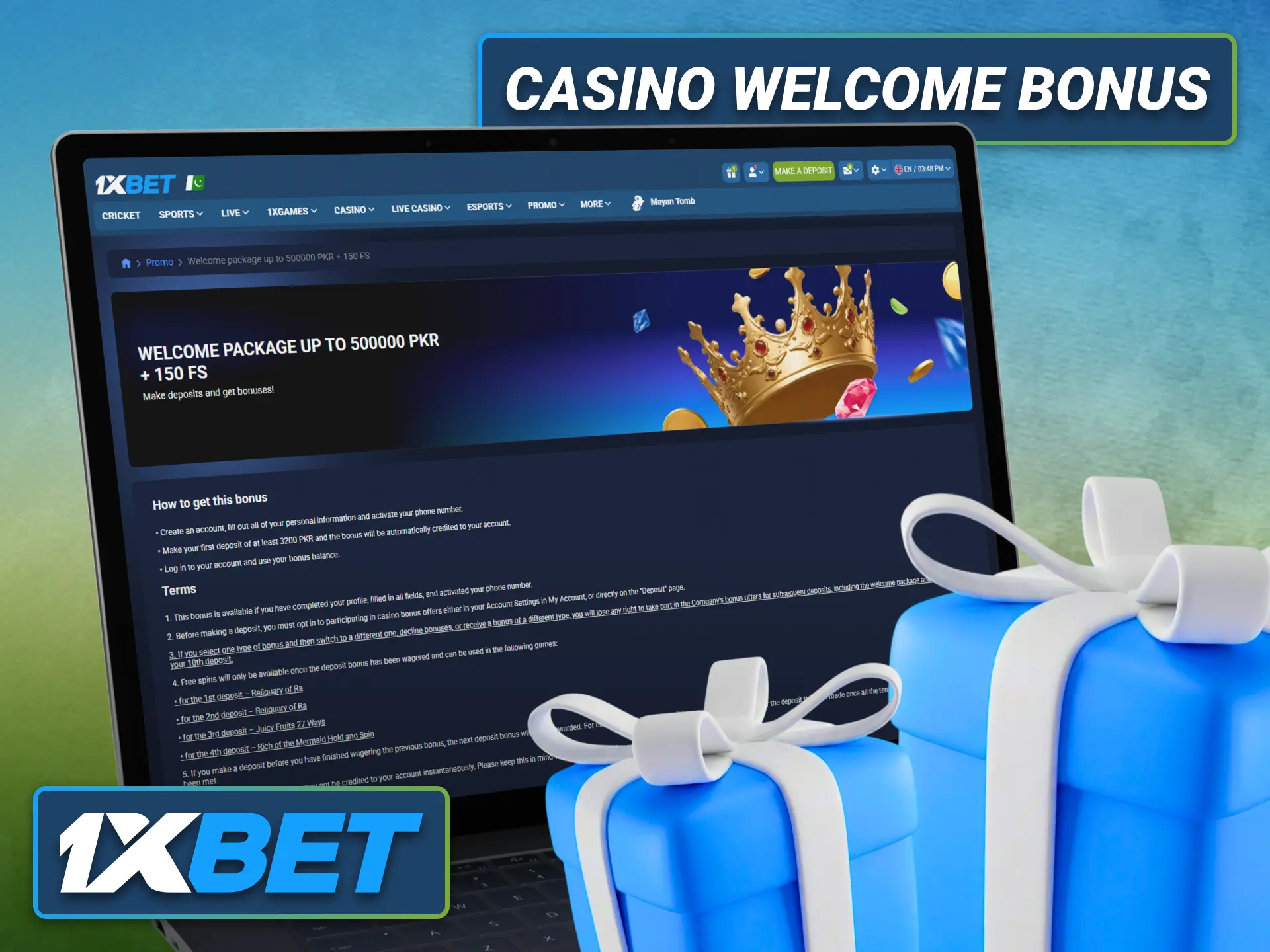 Claim the 1xbet casino welcome offer after completing registration.