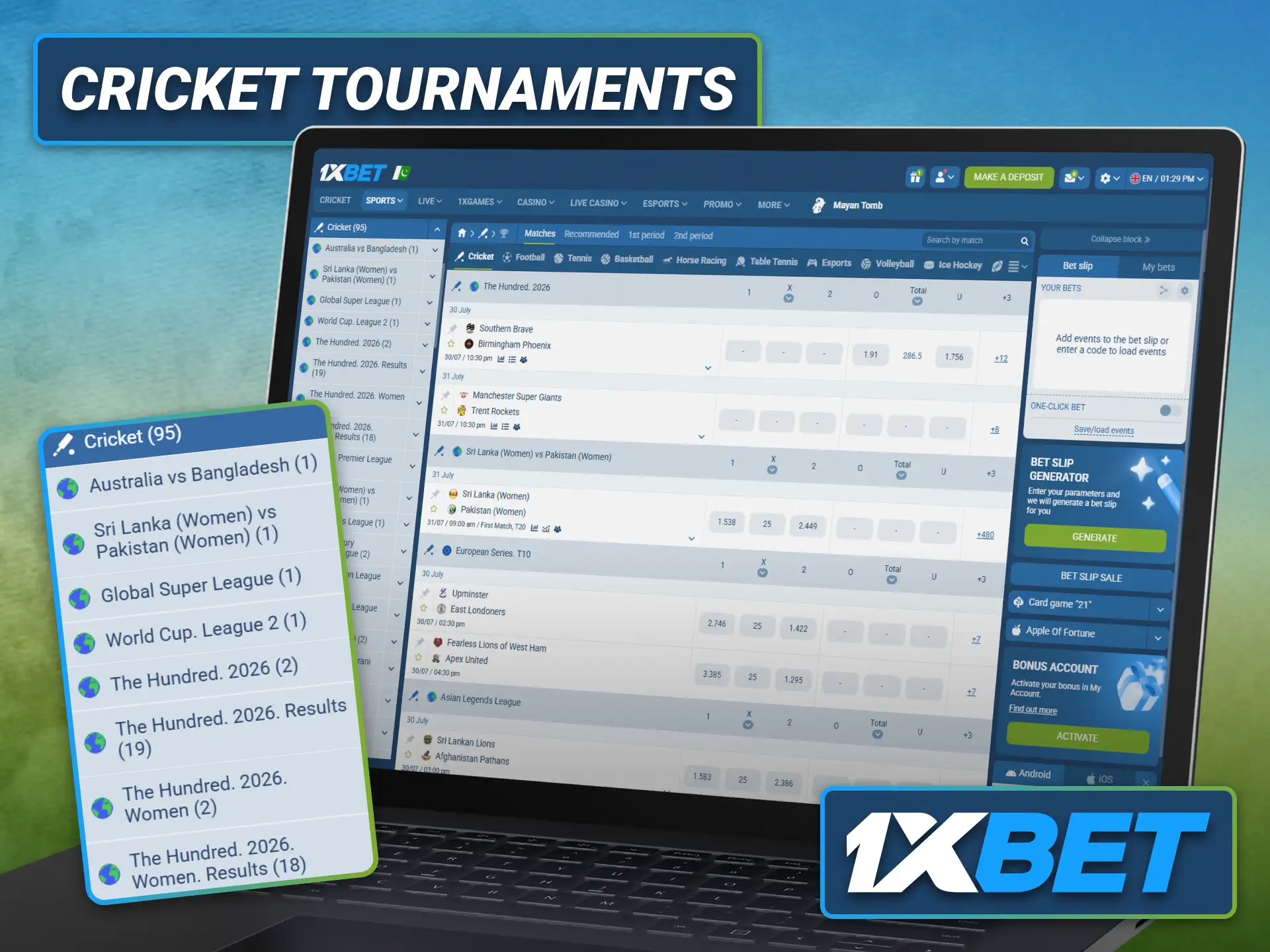 Explore popular cricket tournaments and leagues through the 1xbet sportsbook.