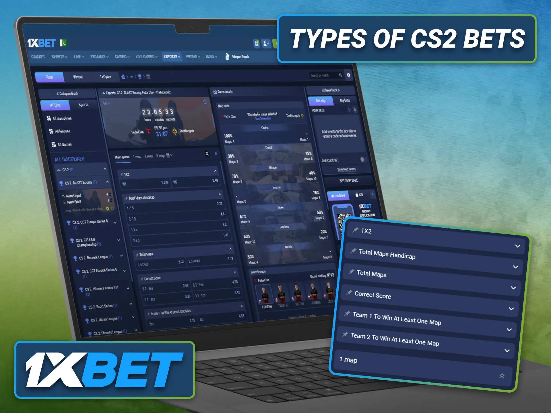 Explore different CS2 bet types available through the 1xbet sportsbook.