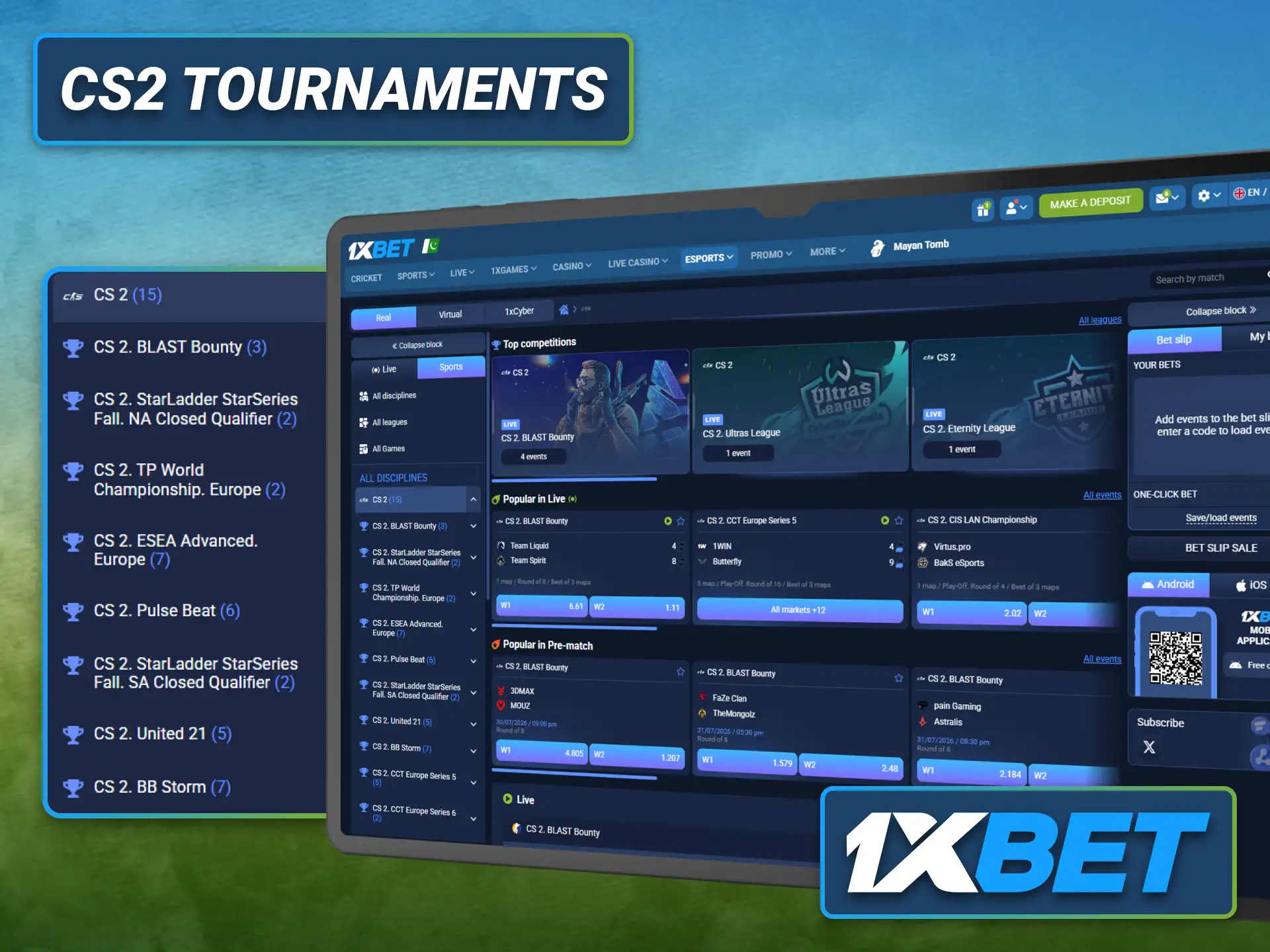 Discover major CS2 tournaments available for betting with the 1xbet sportsbook.