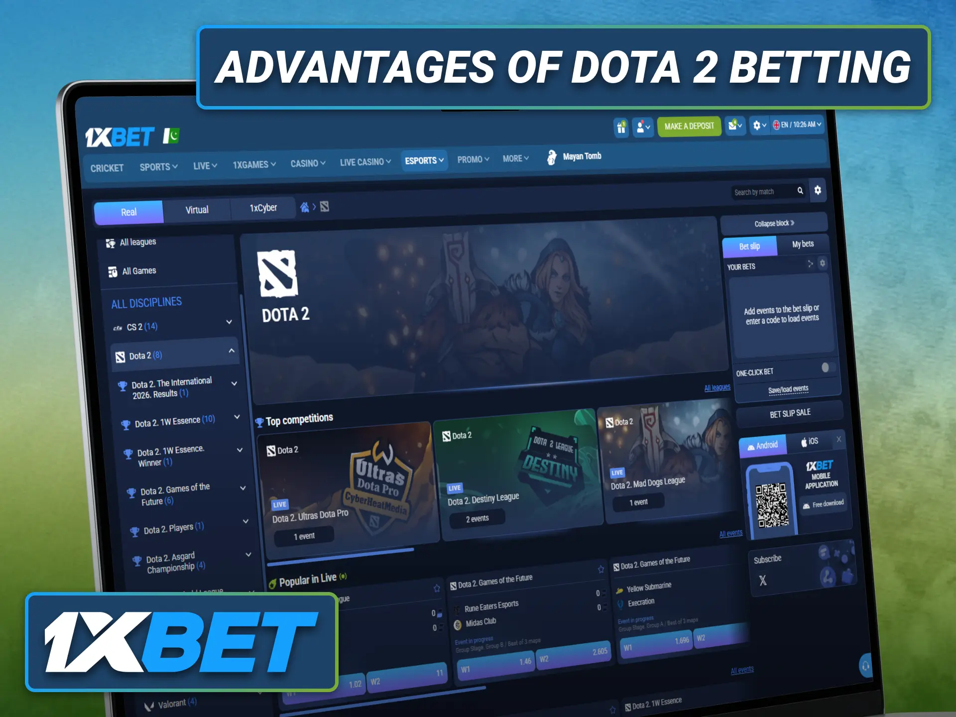 Experience the advantages of Dota 2 betting with the 1xbet sportsbook in Pakistan.