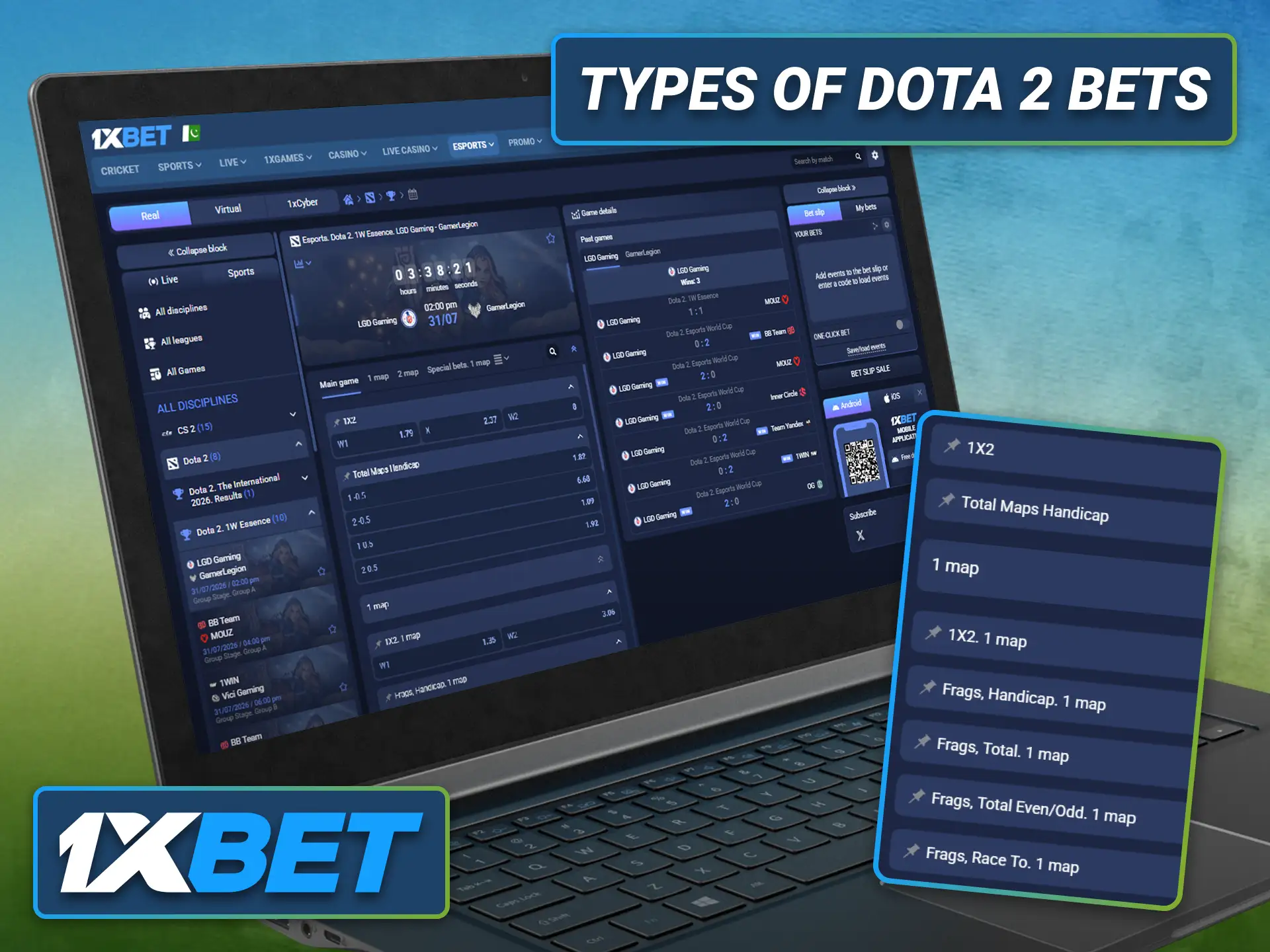 Explore different Dota 2 bet types available through the 1xbet sportsbook.