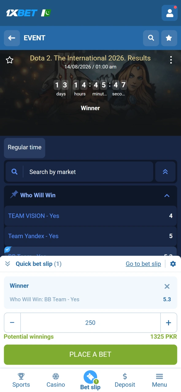 Choose a Dota 2 event and place your bet through the 1xbet sportsbook.