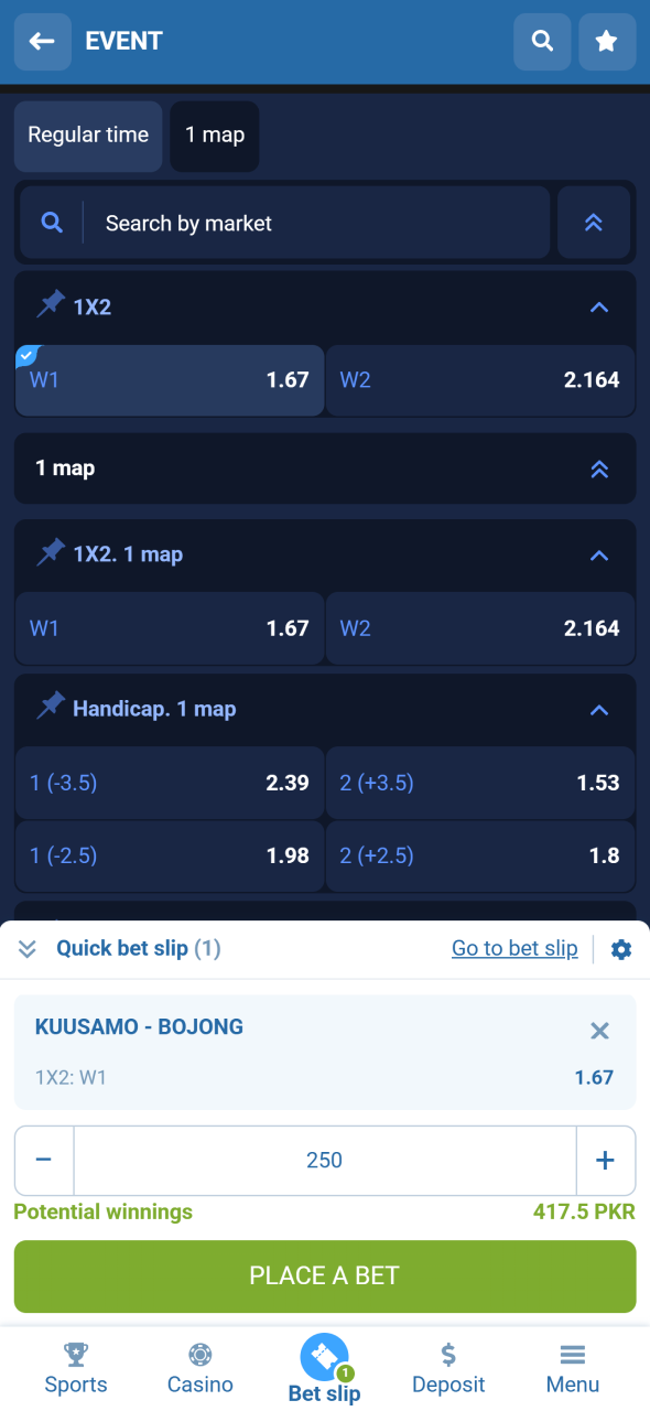 Build your bet slip and confirm selections with the 1xbet application.