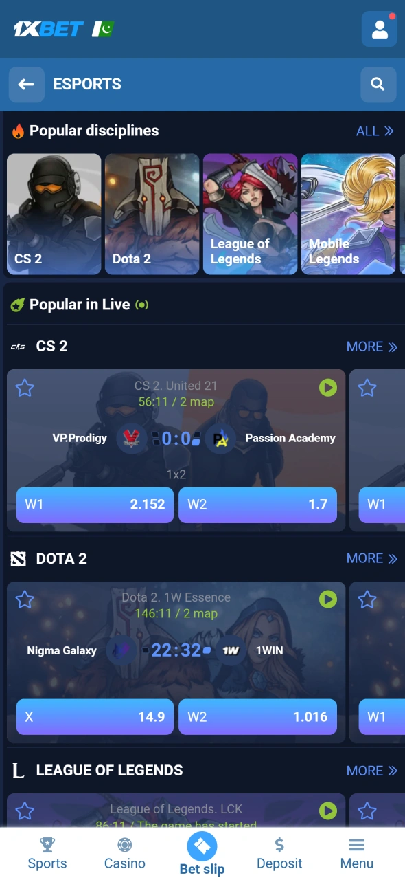Open the esports section in the 1xbet app to explore events.