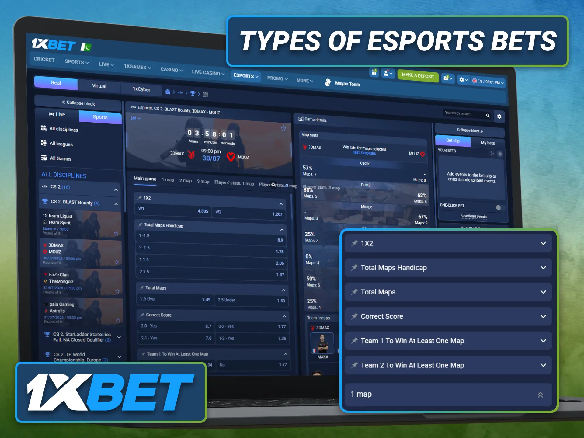 Explore multiple esports bet types through the 1xbet sportsbook platform.