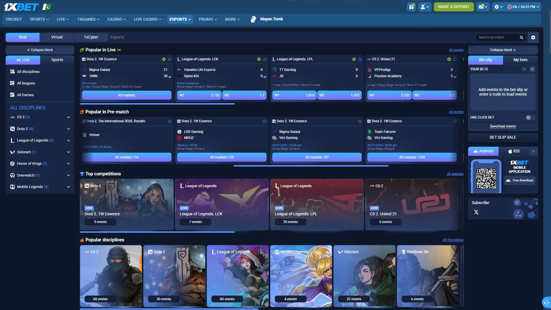 Navigate to the esports section in the 1xbet sportsbook with ease.