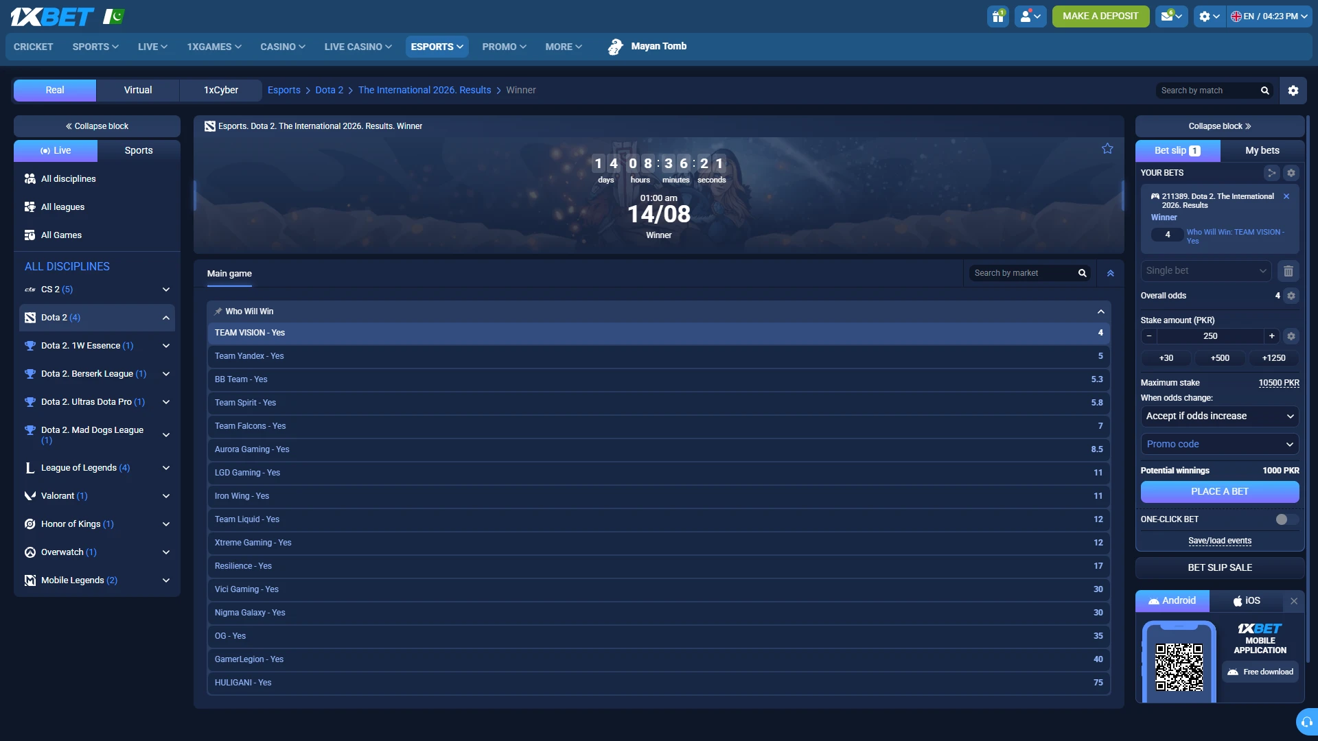 Choose an esports betting market and place your bet through 1xbet.