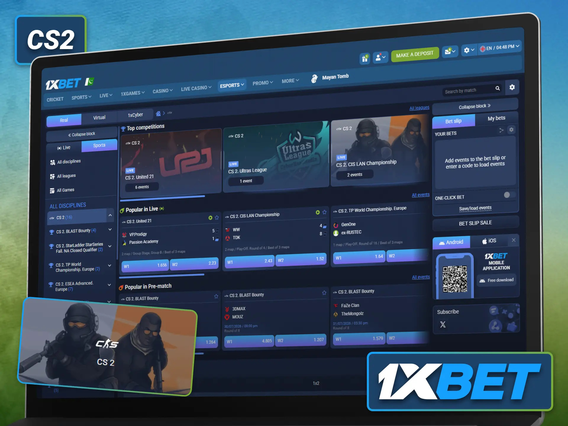 Place CS2 bets using the 1xbet sportsbook with competitive betting markets.
