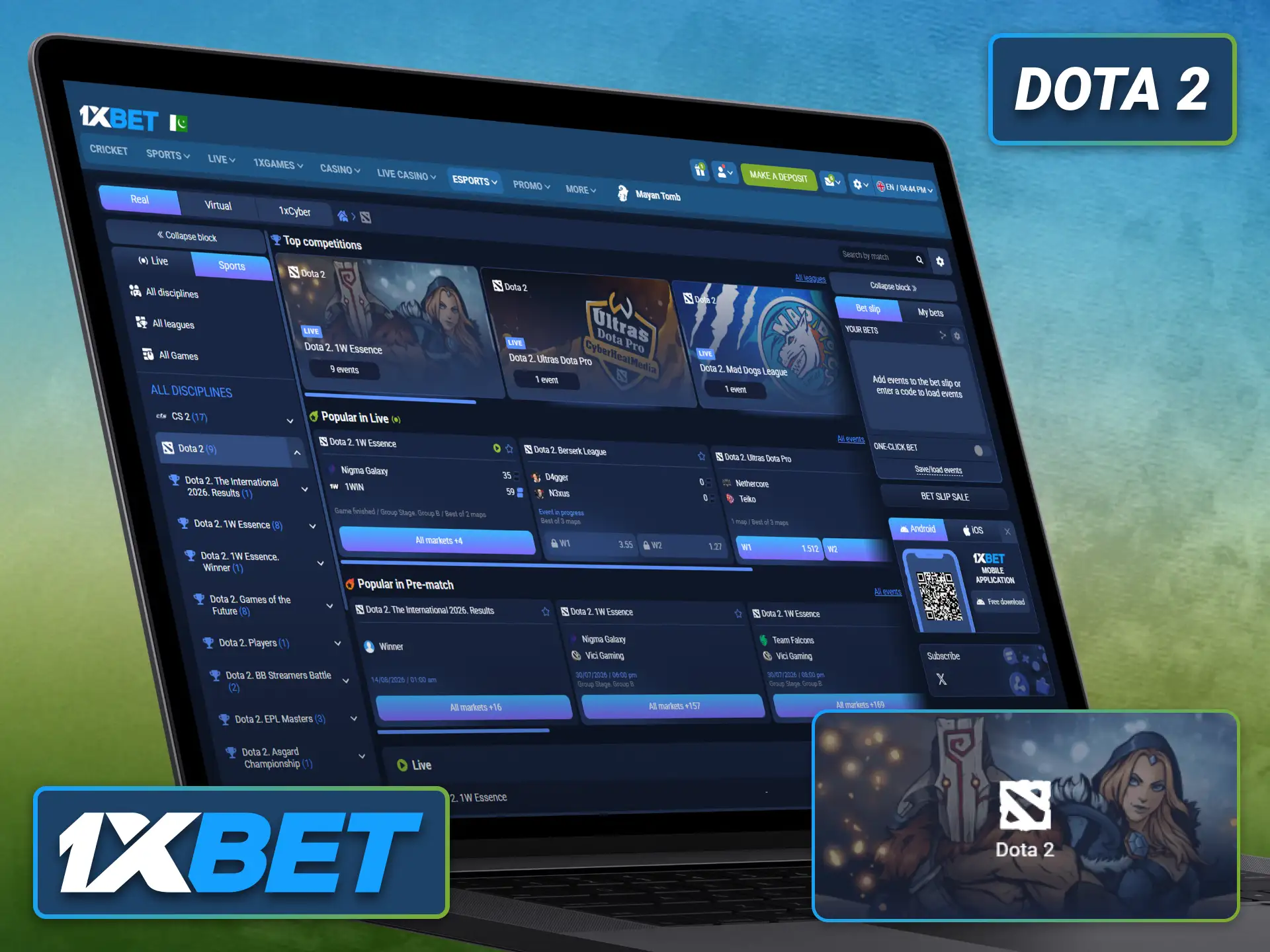 Bet on Dota 2 matches through the 1xbet esports sportsbook.