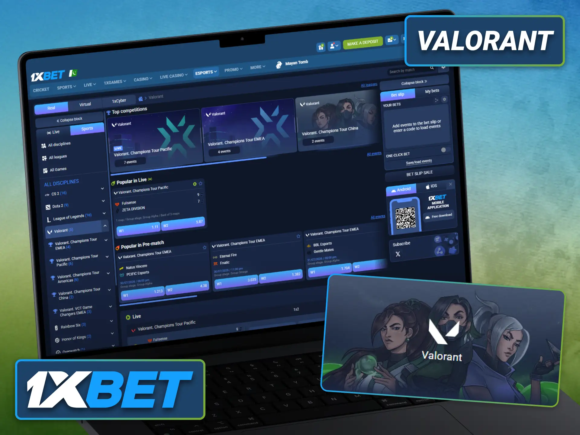 Bet on Valorant tournaments through the 1xbet esports sportsbook.