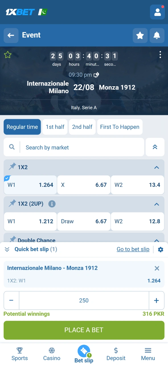 Place your football bet through the 1xbet sportsbook in Pakistan.