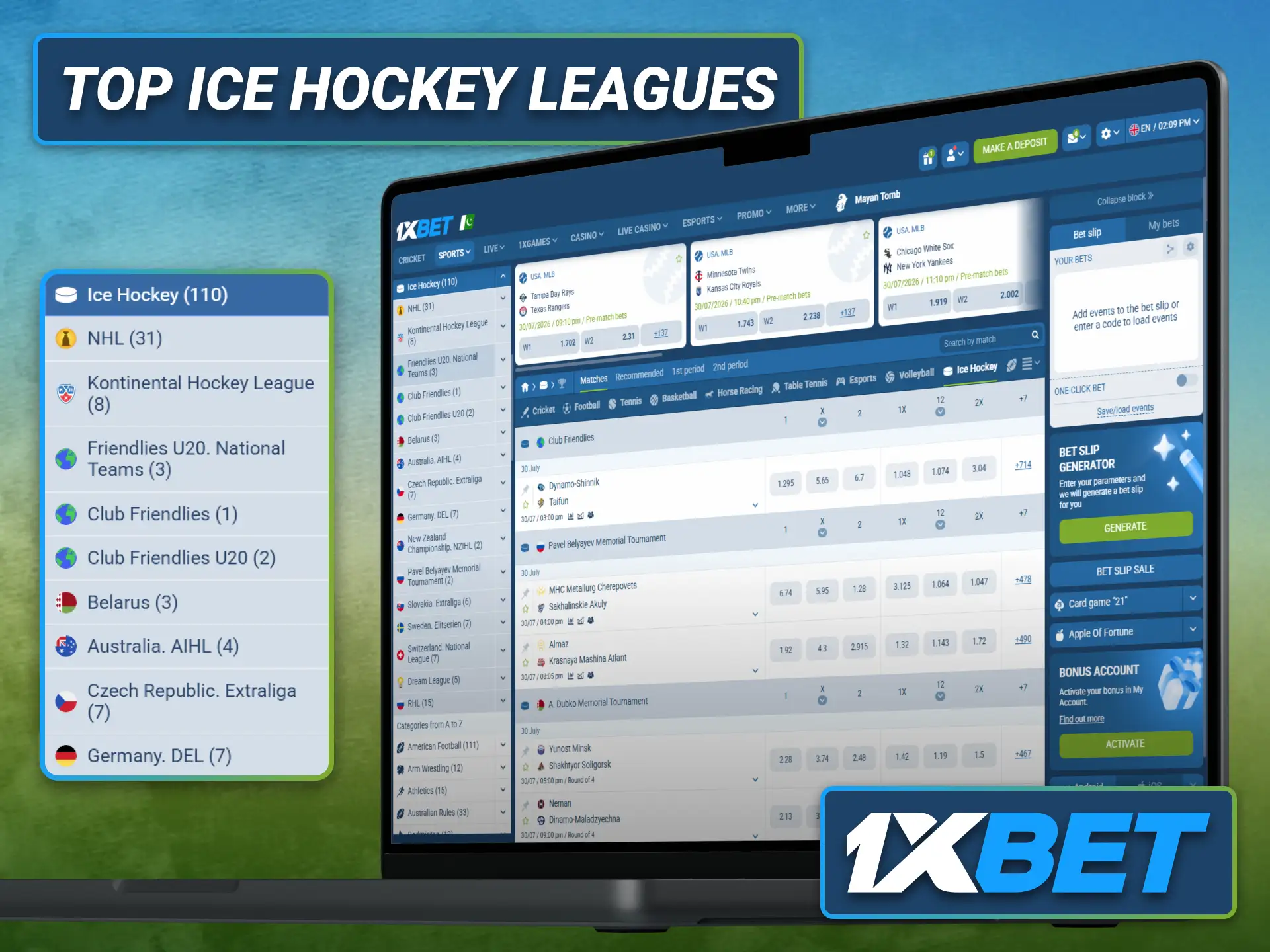 Explore top ice hockey leagues available for betting through the 1xbet sportsbook.
