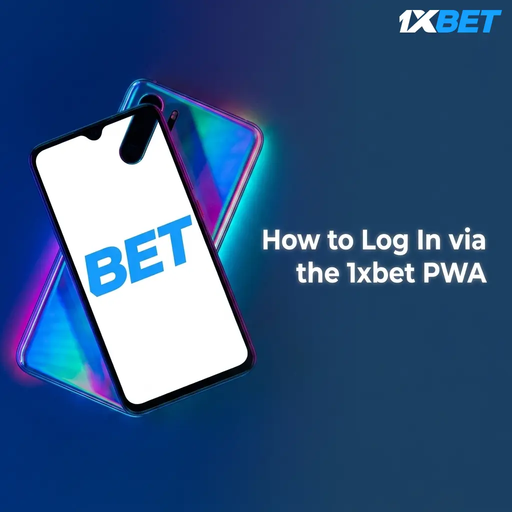 1xbet PWA login page showing fields for account ID, email, and password with Log In button