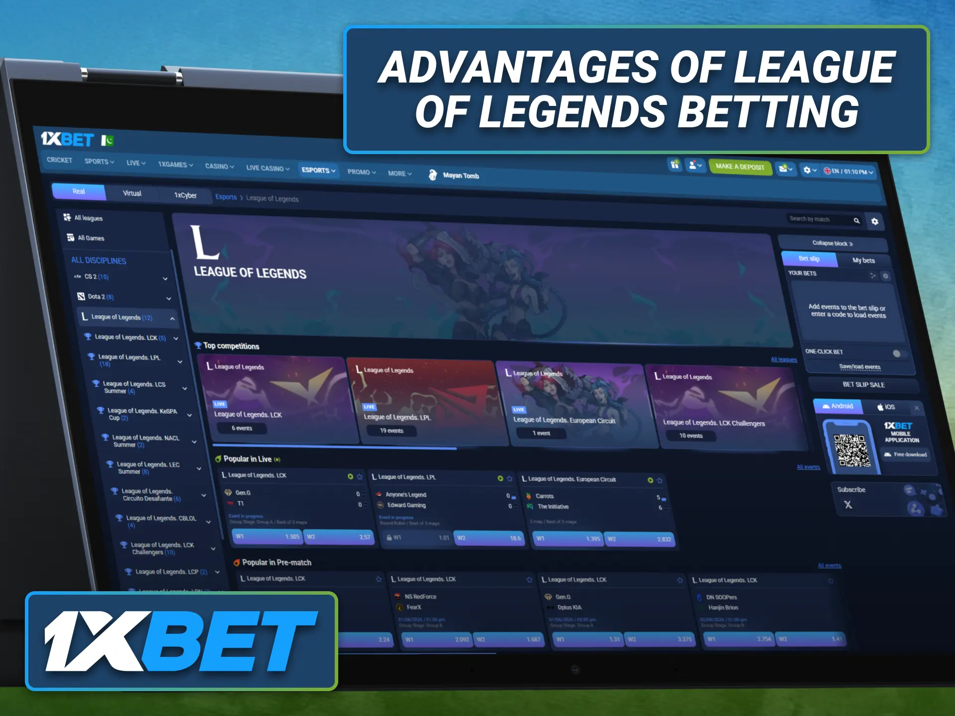 Experience the advantages of League of Legends betting with the 1xbet sportsbook in Pakistan.