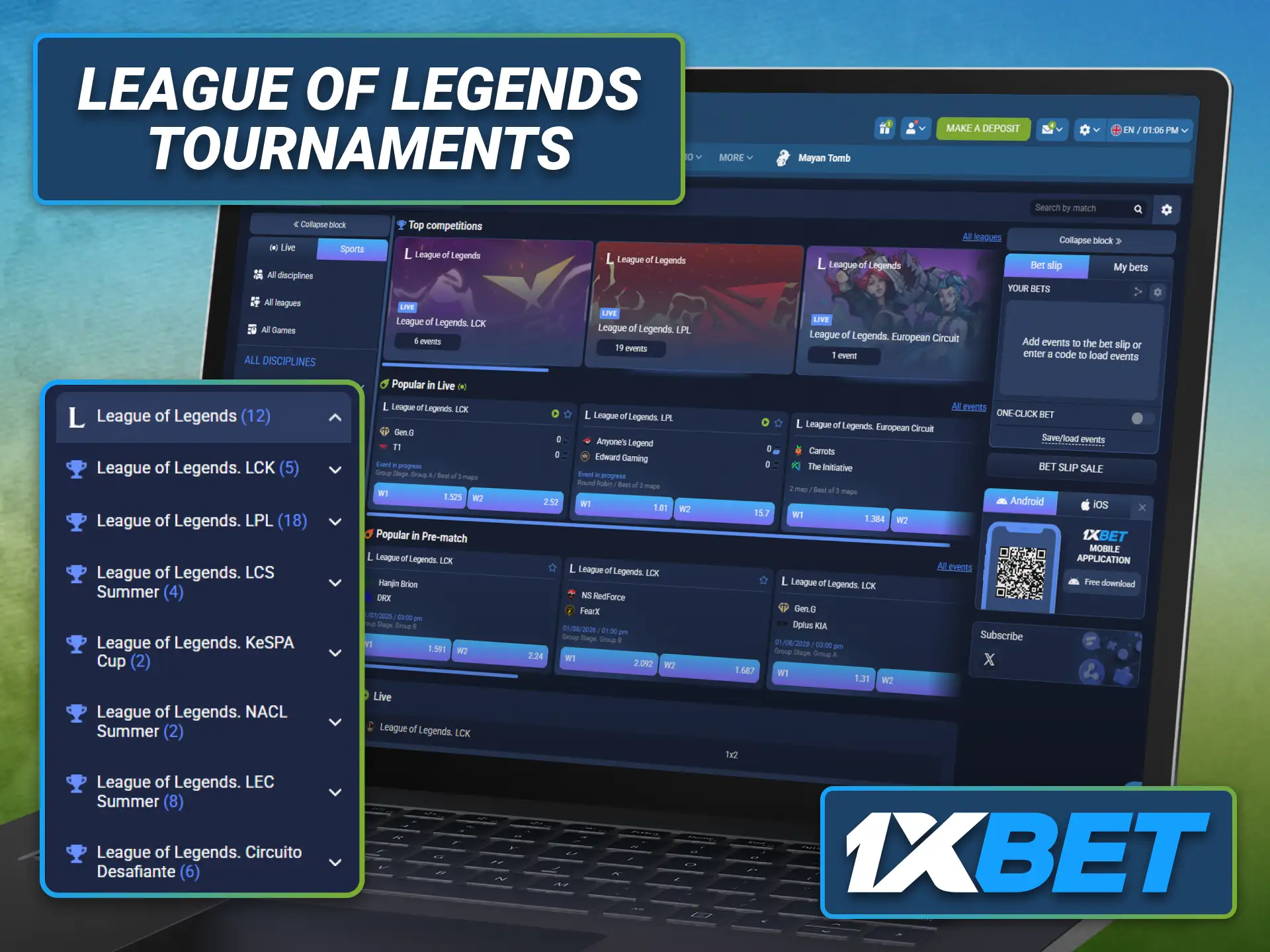 Discover major League of Legends tournaments for betting with the 1xbet sportsbook.