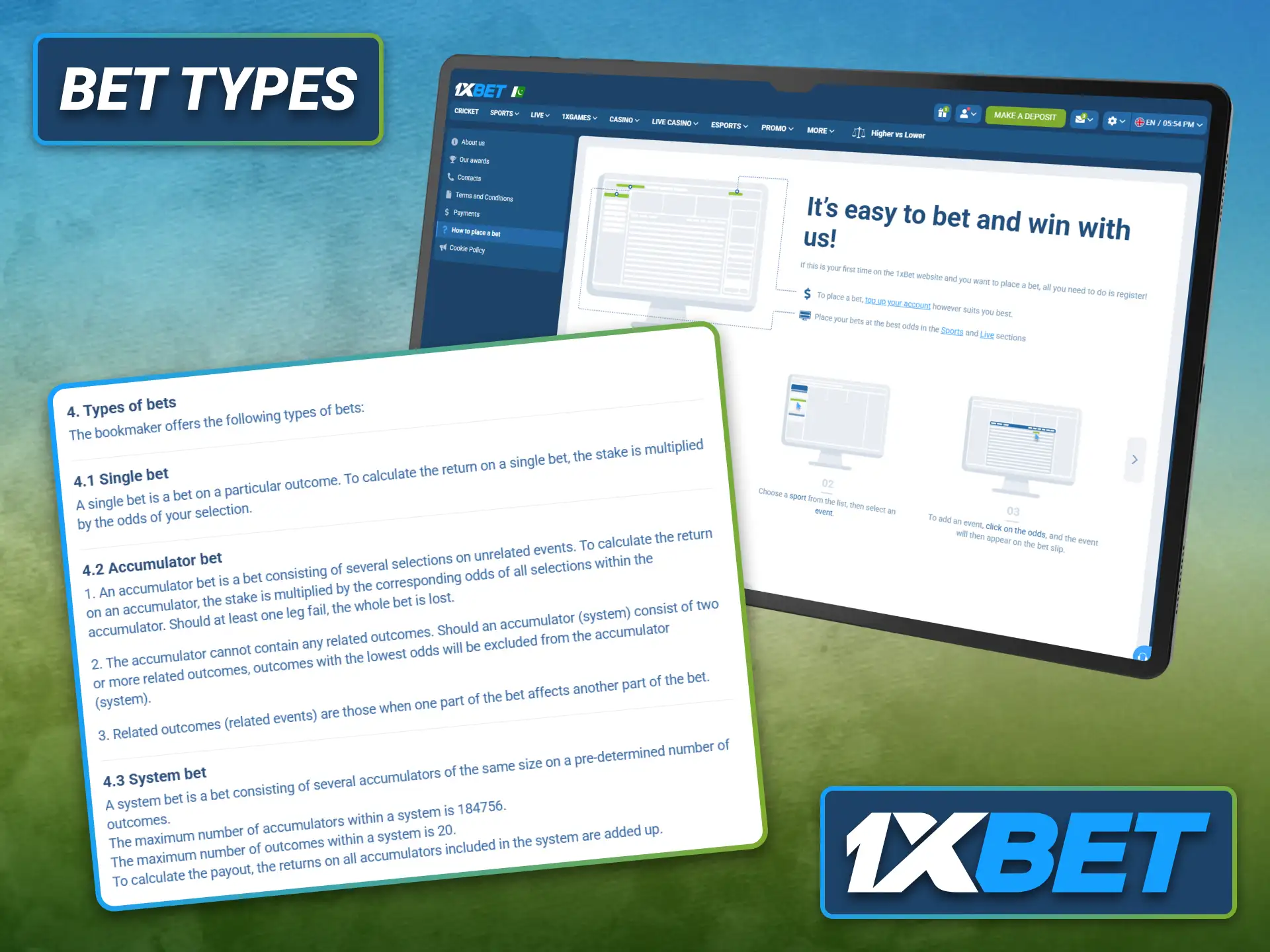 Explore bet types supported by the 1xbet sportsbook.