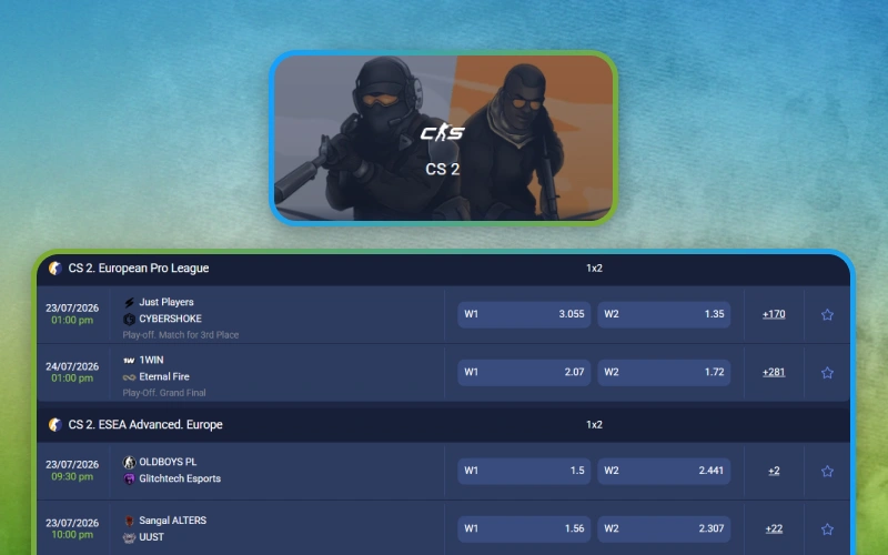 Bet on CS2 tournaments with the 1xbet sportsbook.