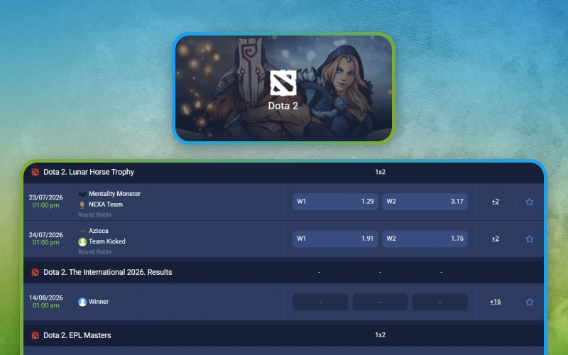 Place Dota 2 bets through the 1xbet platform.