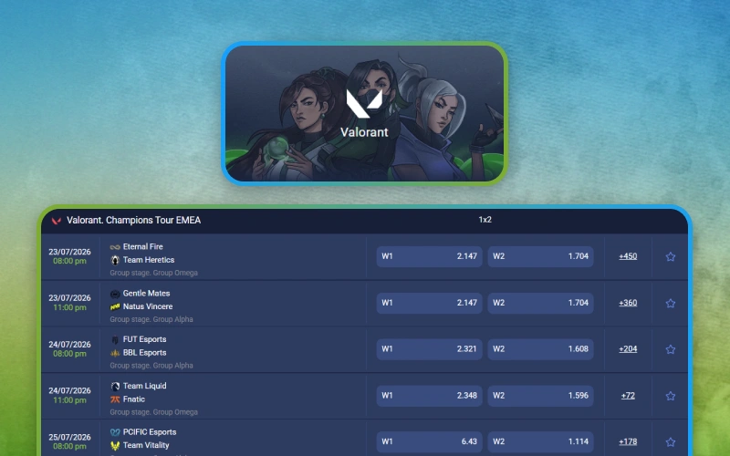 Explore Valorant betting markets through the 1xbet sportsbook.