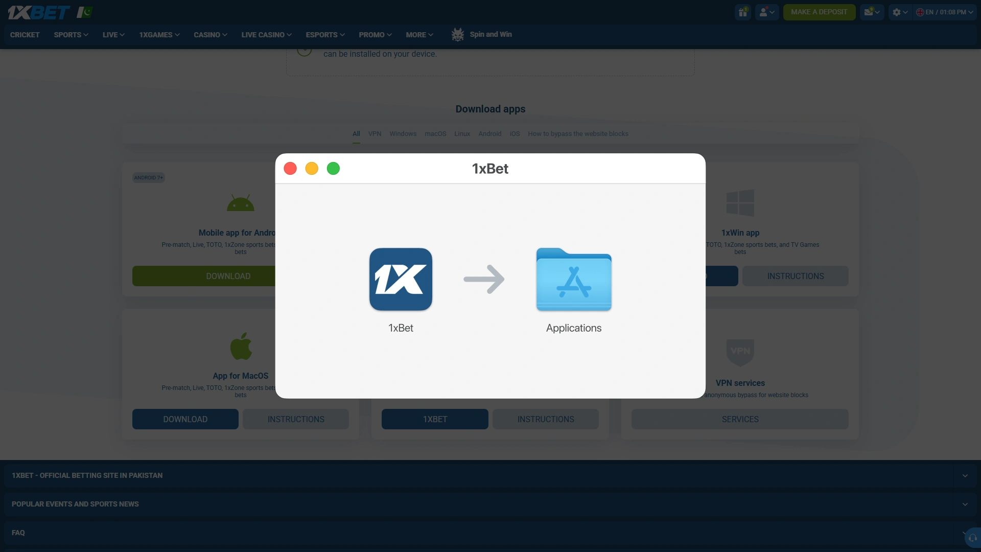 Move the 1xbet desktop application into the Applications folder successfully.