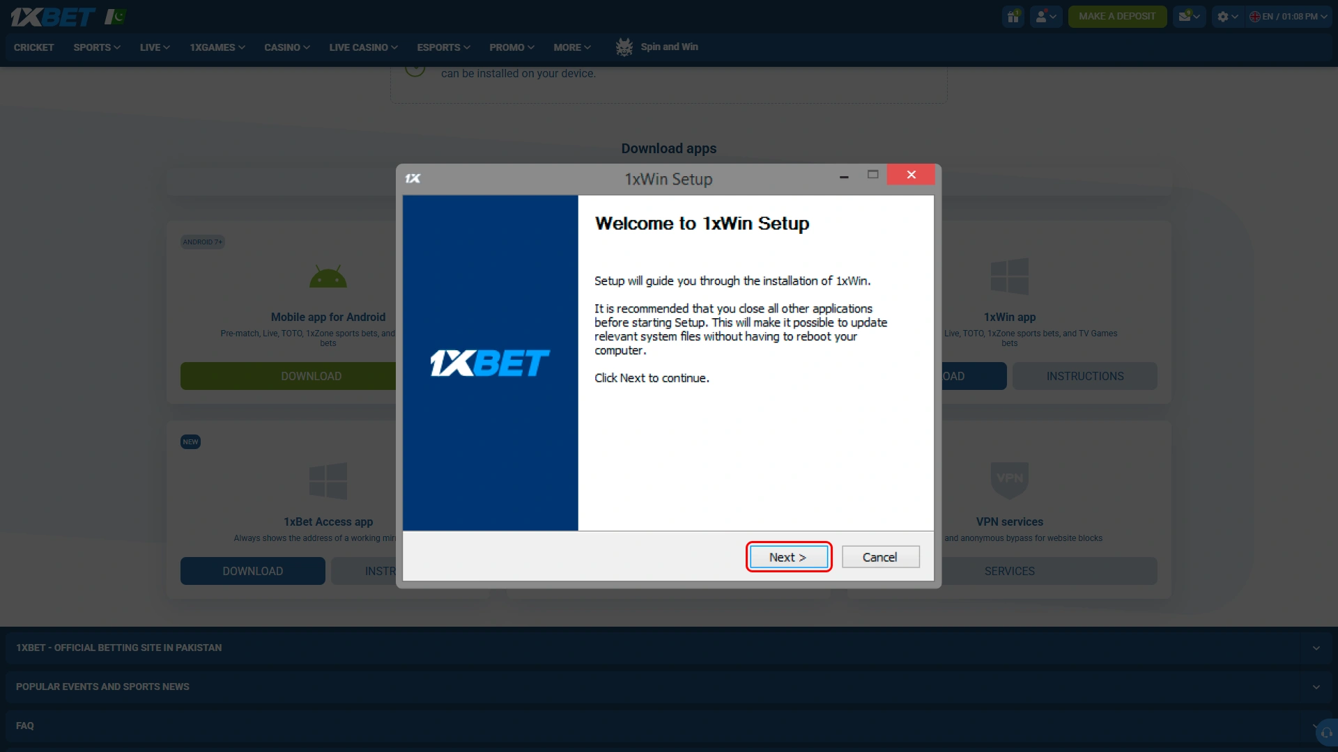 Allow the 1xbet PC application to install on your Windows computer.