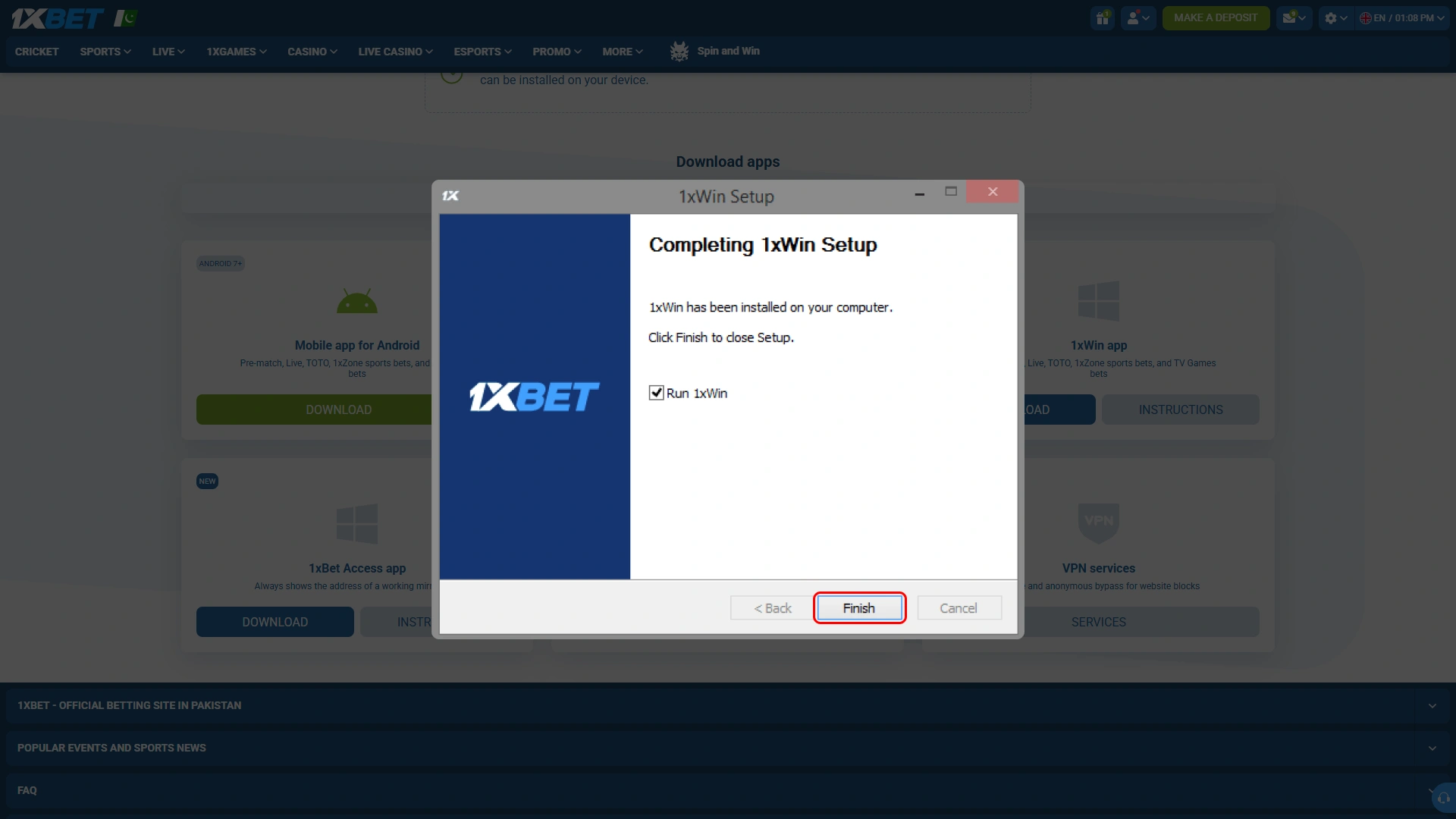Complete the 1xbet setup wizard and prepare the desktop app for betting.