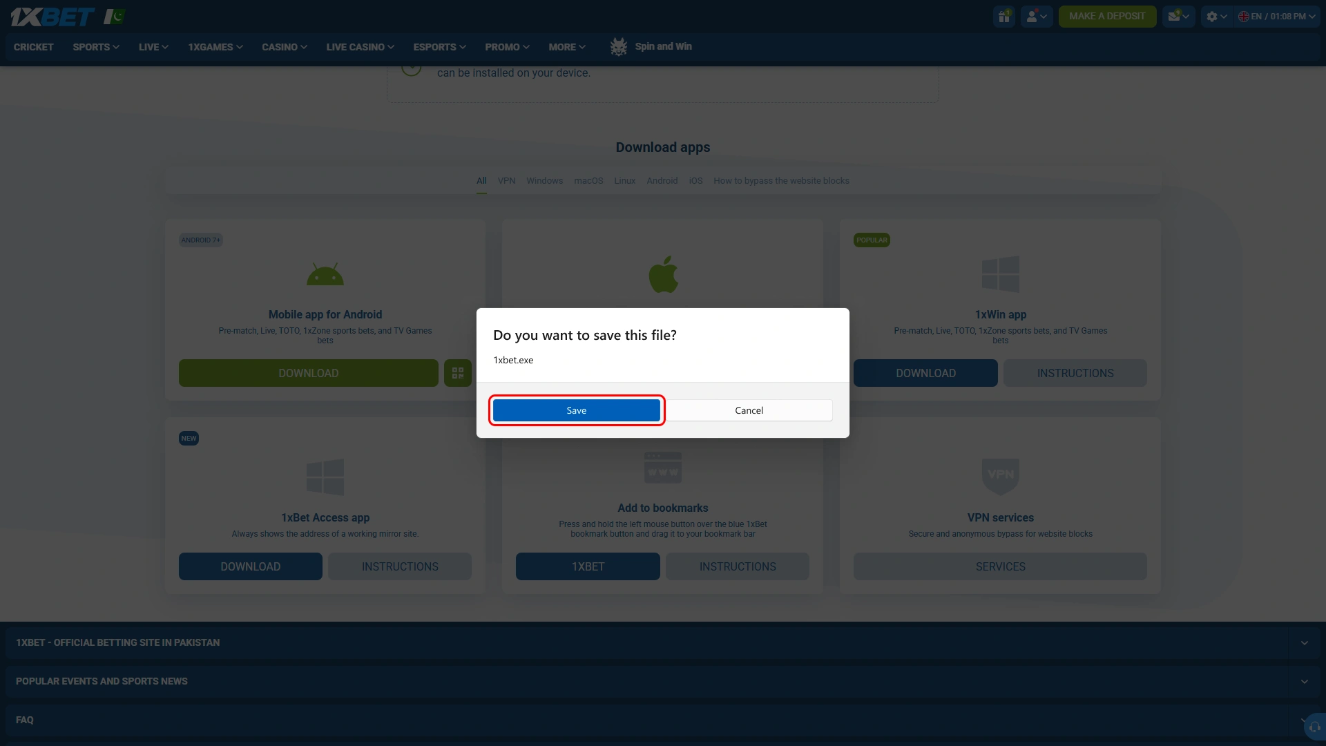 Save the 1xbet installer file before starting the desktop application setup.