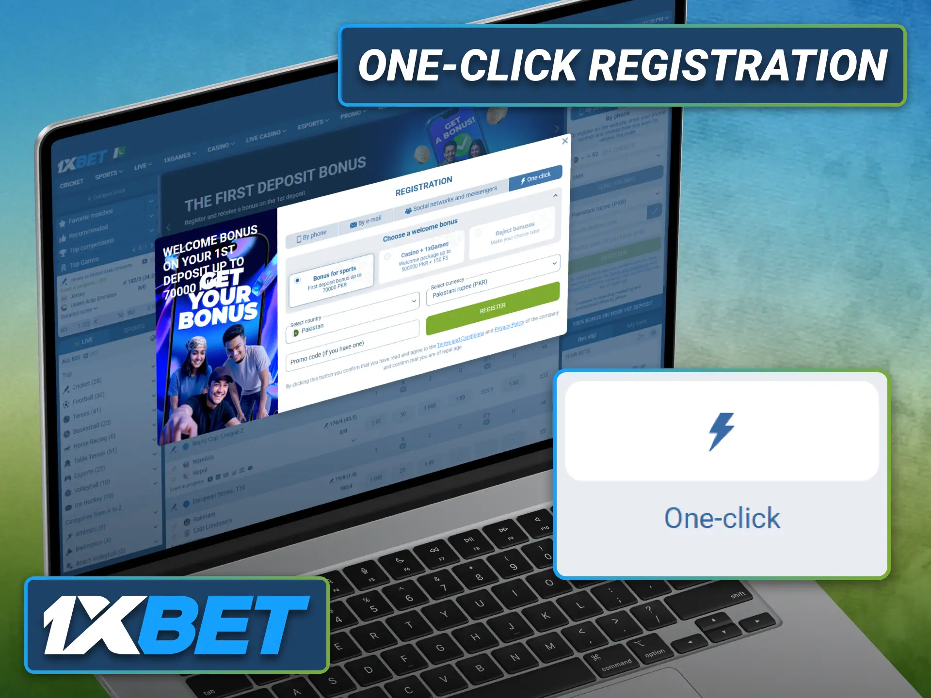 Complete one-click registration with the 1xbet platform and start betting quickly.