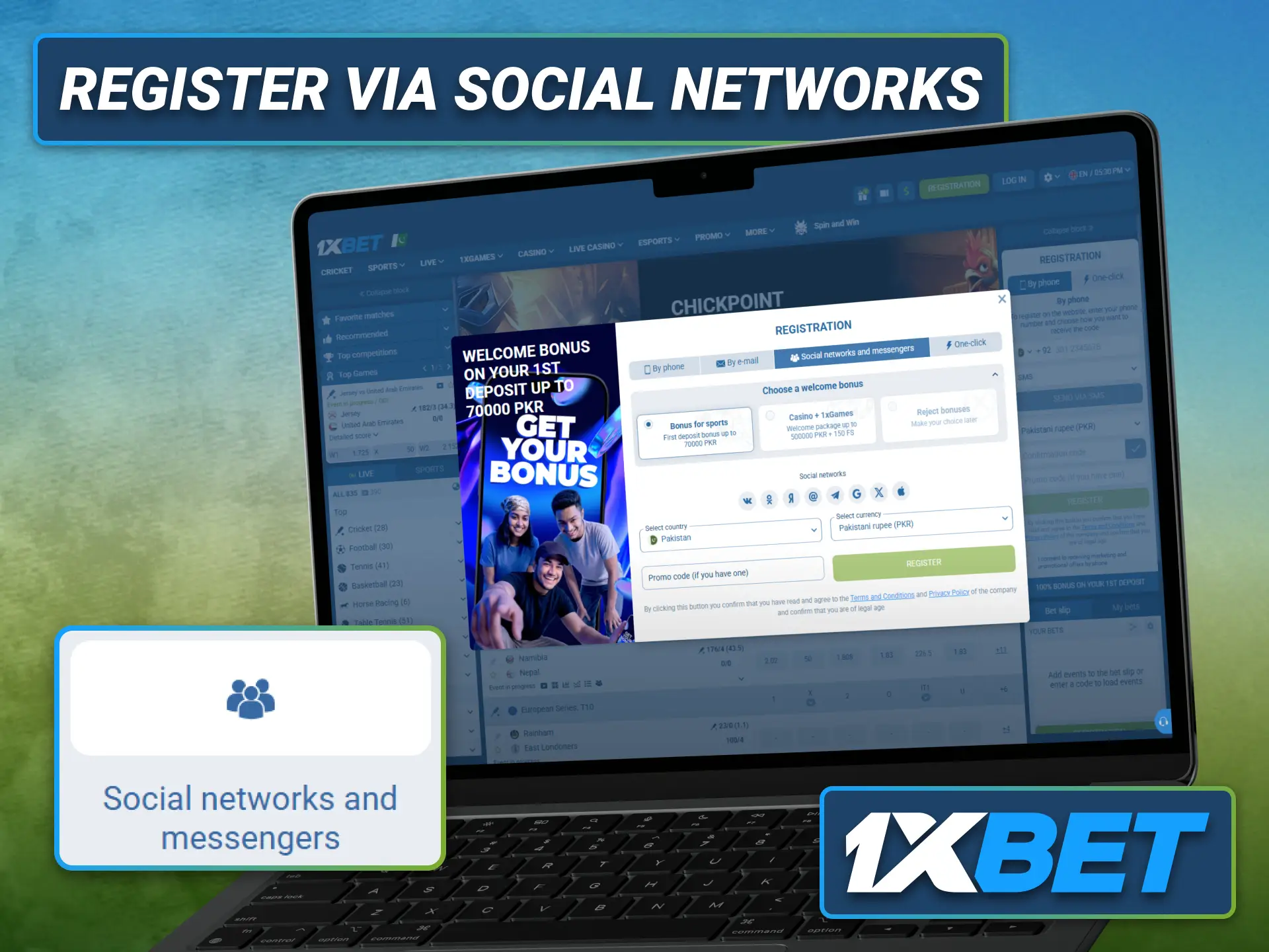 Register with 1xbet through your preferred social network or messenger.