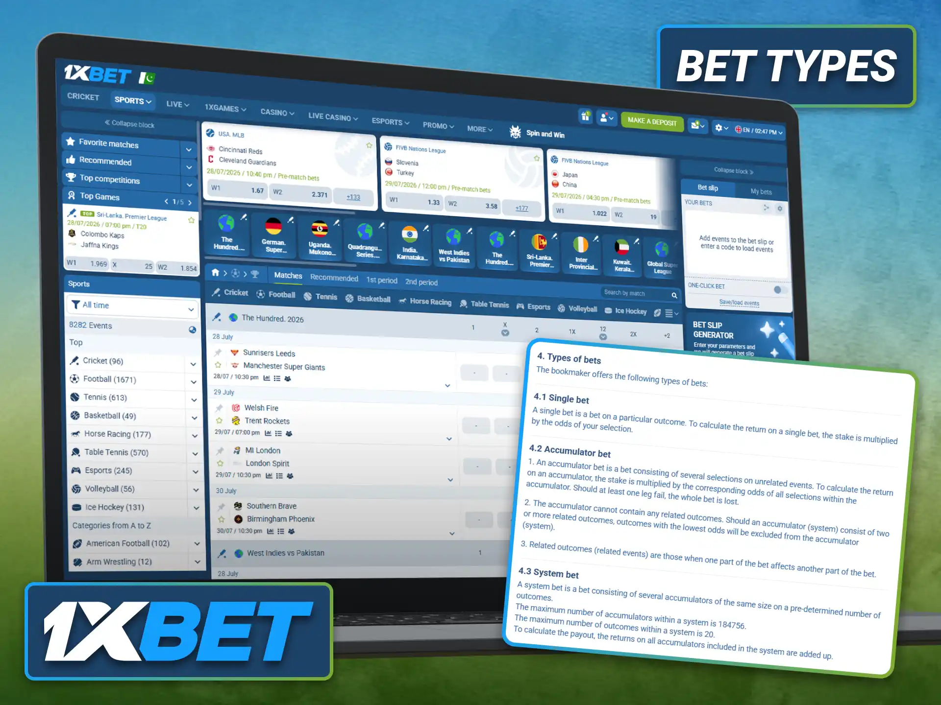 Explore different bet types available on the 1xbet sportsbook platform.