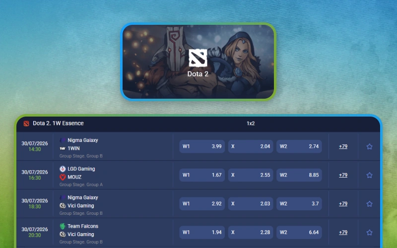 Bet on Dota 2 matches through the 1xbet esports sportsbook.