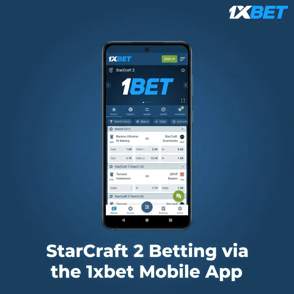 1xbet mobile app interface showing StarCraft 2 esports betting markets with live odds on Android and iOS devices