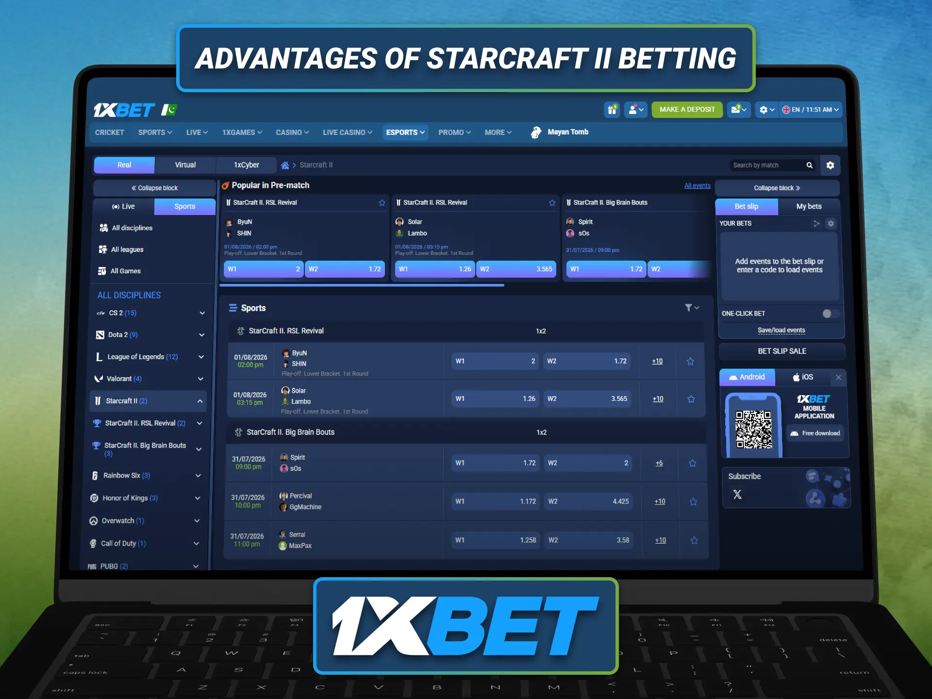 Experience the advantages of StarCraft 2 betting with the 1xbet sportsbook in Pakistan.