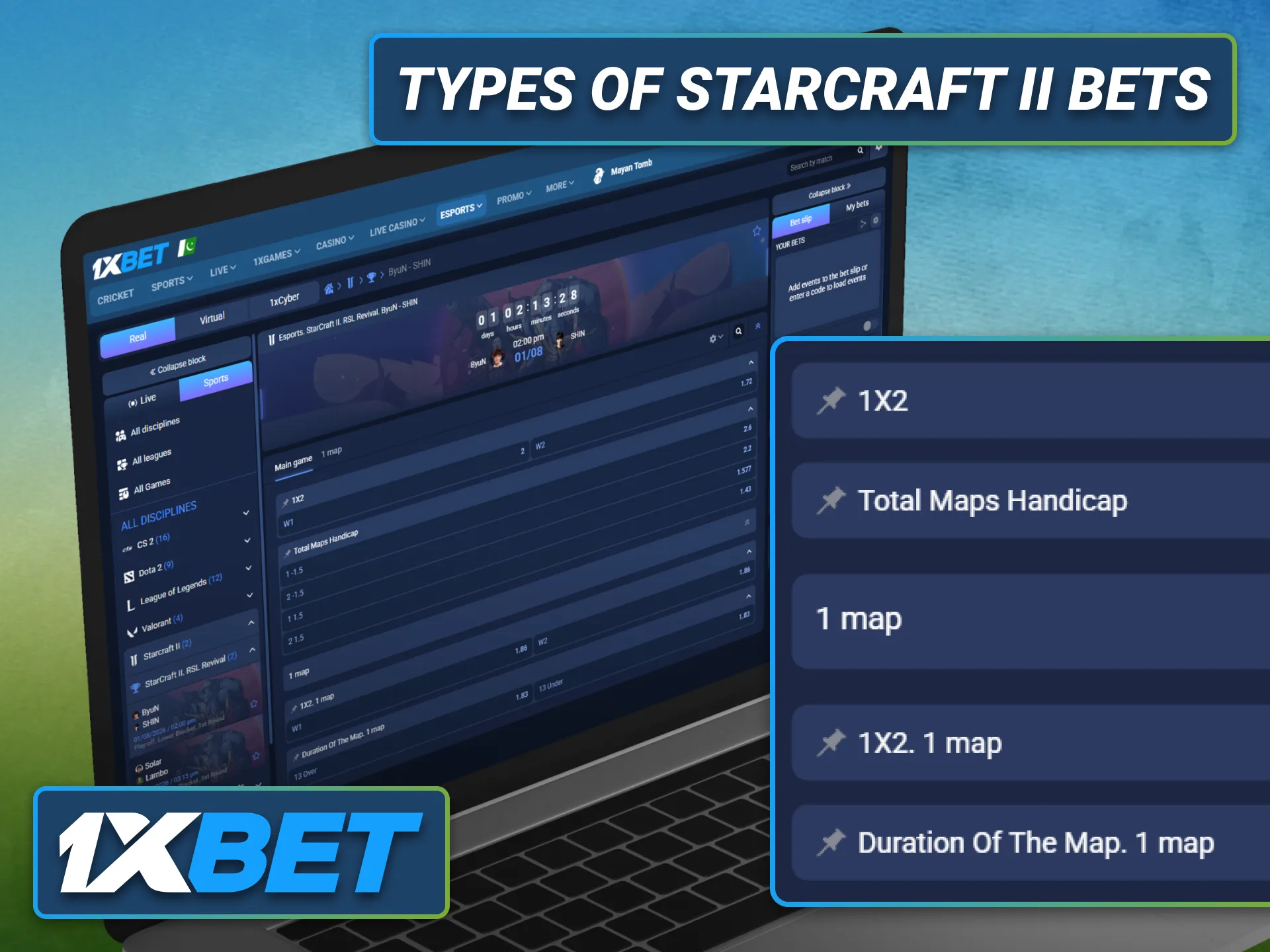 Explore different StarCraft 2 bet types available through the 1xbet sportsbook.
