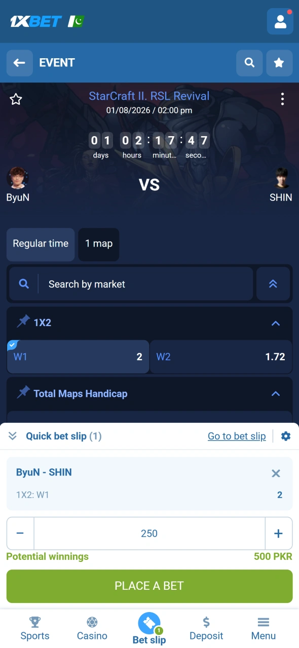 Place your StarCraft 2 bet through the 1xbet sportsbook confidently.