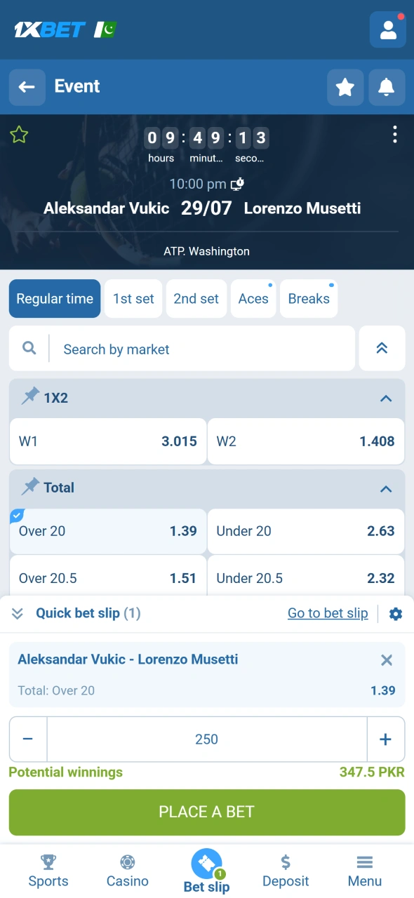 Place your tennis bet through the 1xbet mobile application confidently.
