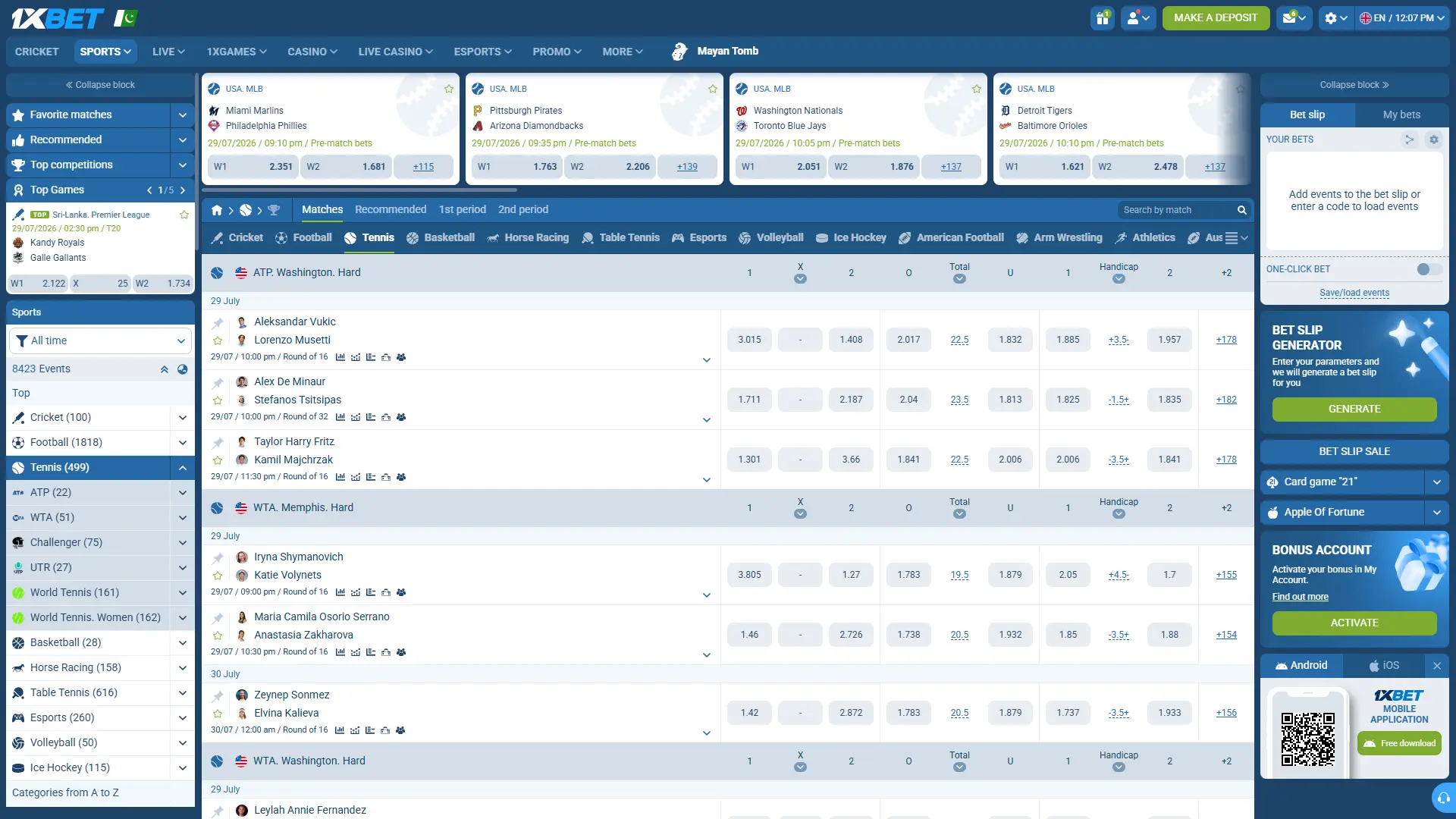 Navigate to the tennis section in the 1xbet sportsbook with ease.