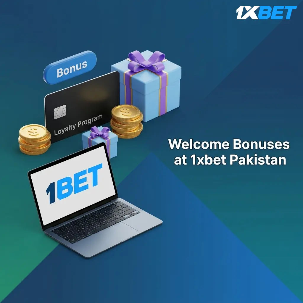 1xbet Pakistan welcome bonuses table showing sports bonus up to 30000 PKR and casino bonus with 150 free spins